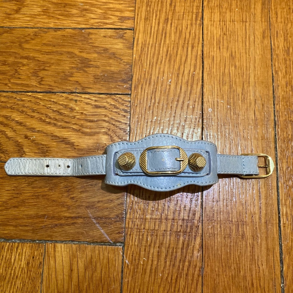 Balenciaga Gray Leather Bracelet with Gold Accents. Tiny!